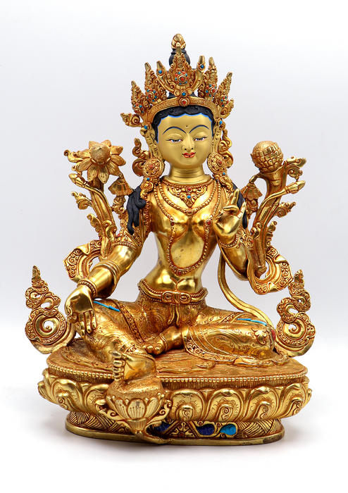 Green Tara 24 K Gold  Stone Inlaid  Copper Statue 12"H
