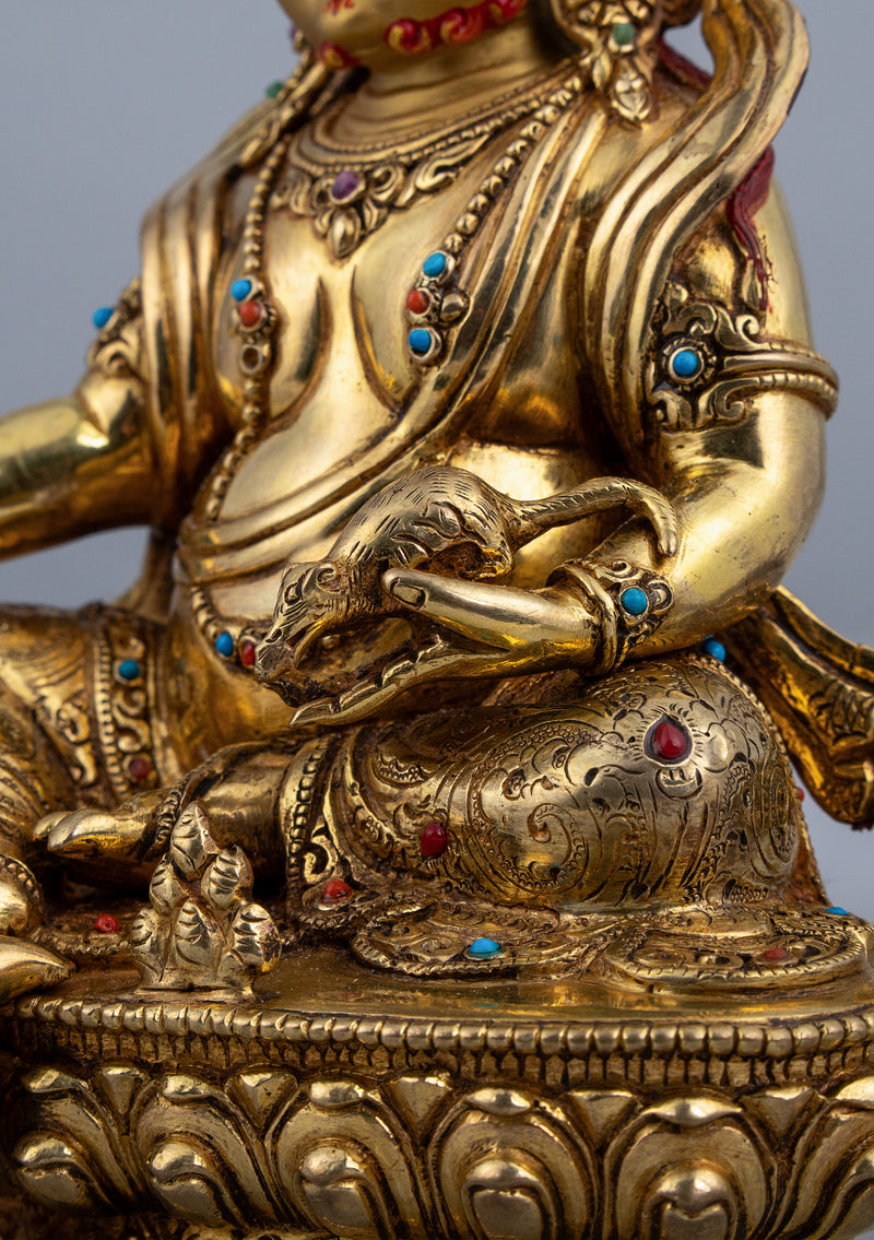 Fully Gold Plated Dzambhala Statue with Stone Inlays 7.5"H