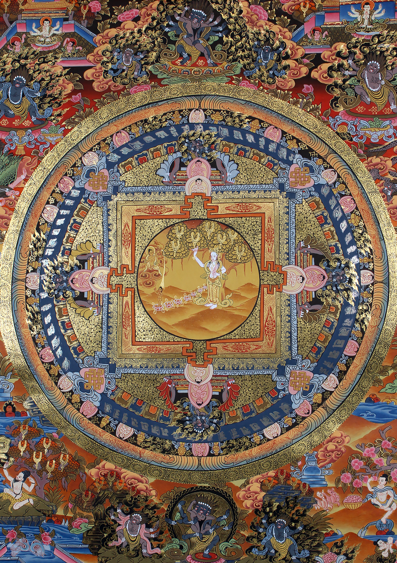 Birth of Siddhartha Gautam on Mandala Brocade Thangka Painting