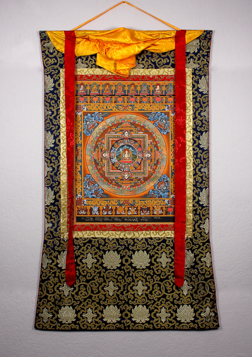 Brocade Framed Chenrezig Mandala Thangka | Handmade Spiritual Wall Art from Nepal
