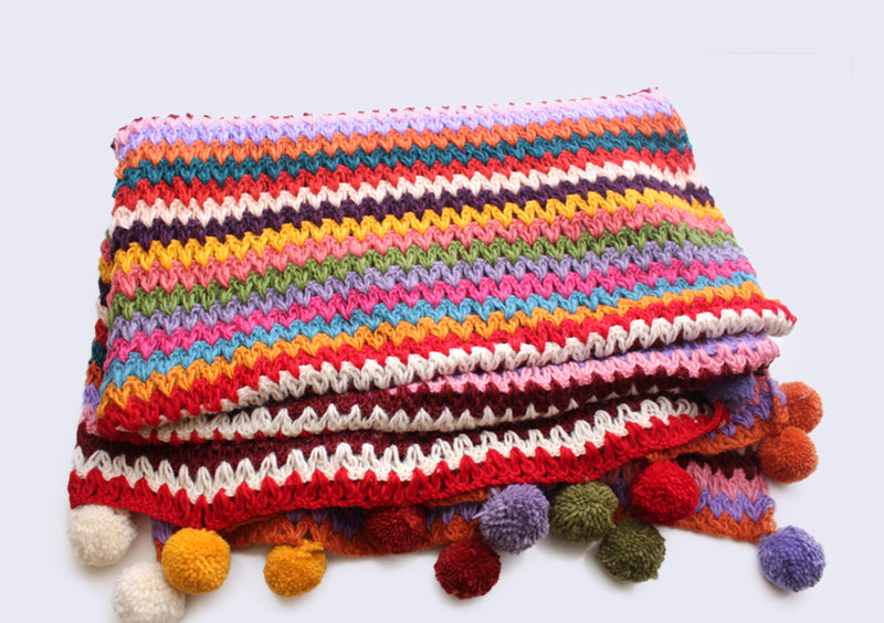 Rainbow Multicolor Hand Knitted Pom Pom Woolen Blanket