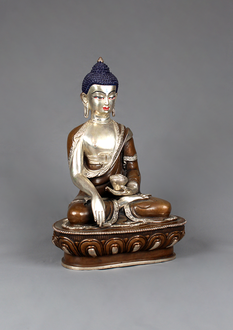 Shakyamuni Buddha Silverplated Copper Statue 8.5"H