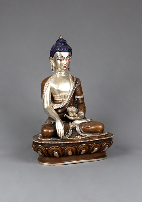 Shakyamuni Buddha Silverplated Copper Statue 8.5"H