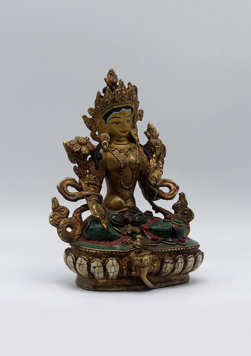 Stone Inlaid Copper Green Tara Statue 6"H (3)