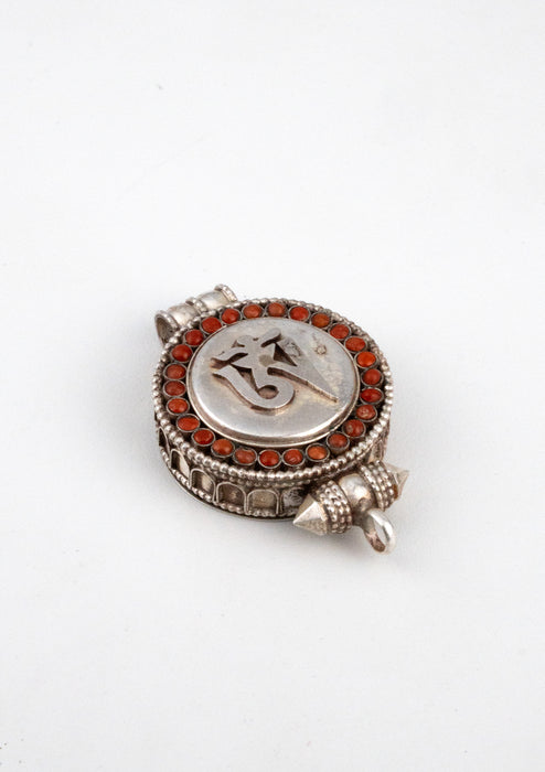 925 Silver Tibetan Ghau with Coral Inlays and Om Carving