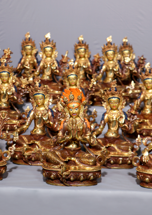 21 Tara Set Partly Goldplated Copper Statue 9" H