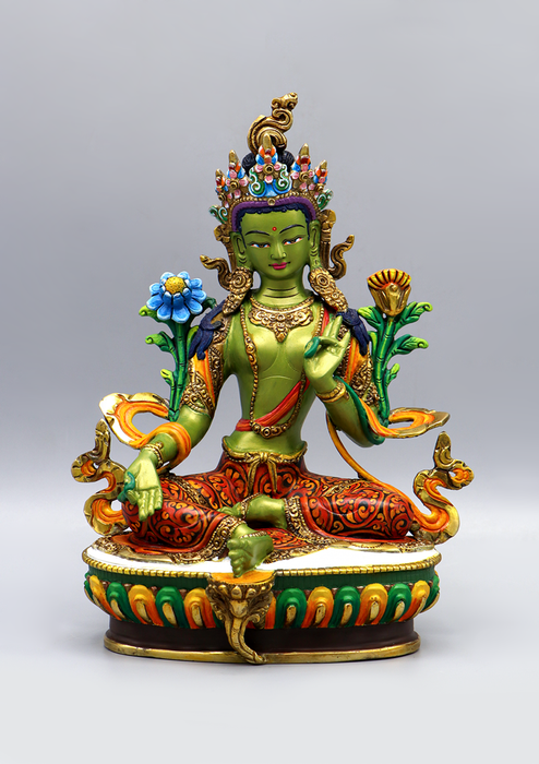 Green Tara  Handpainted  Copper Goldplated  Statue 9"H