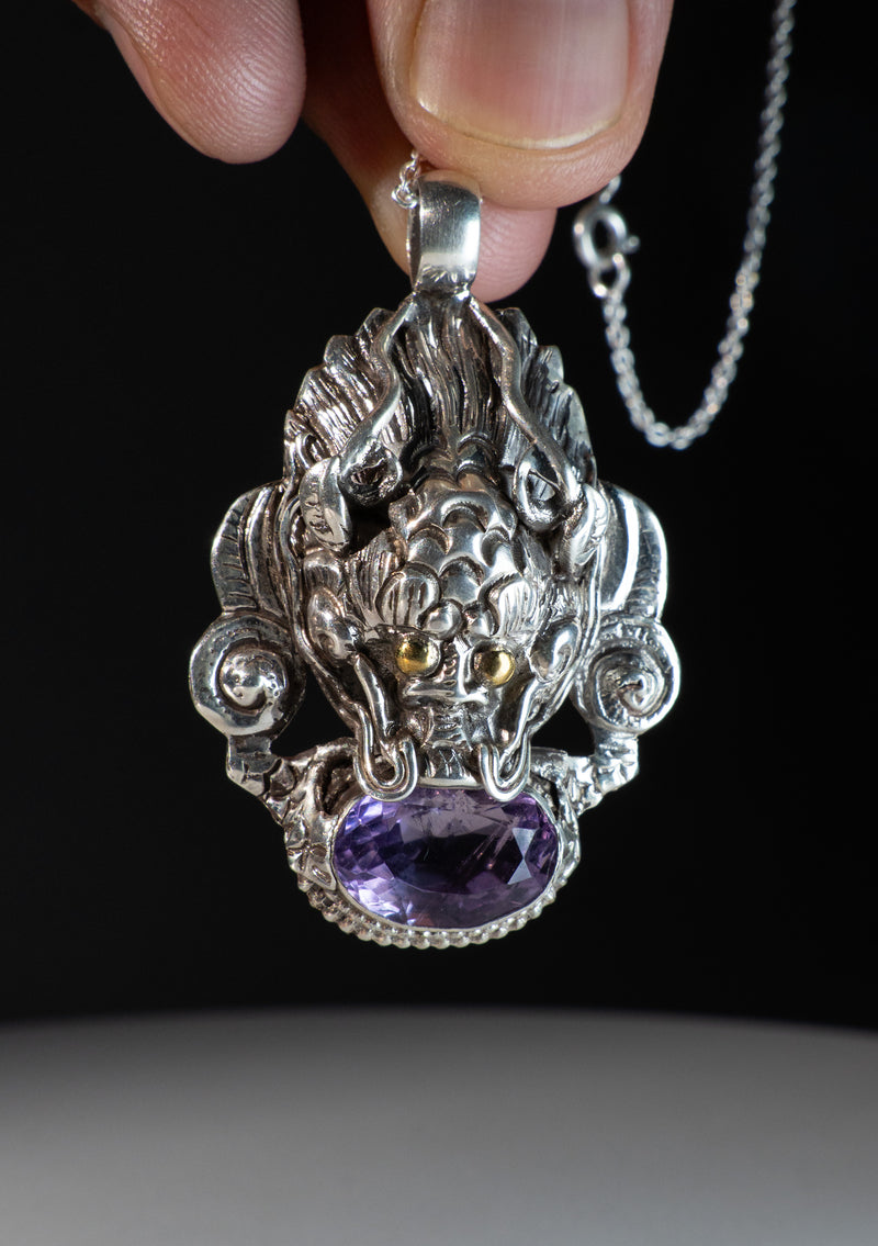 Sterling Silver Amethyst Dragon Pendant with Chain