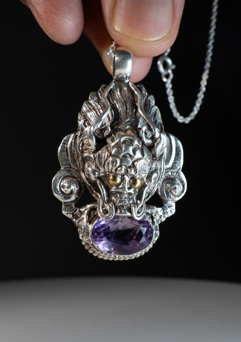 Sterling Silver Amethyst Dragon Pendant with Chain