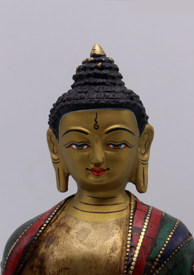 Stone Inlaid Copper Amitabha Buddha Statue 8.5"H