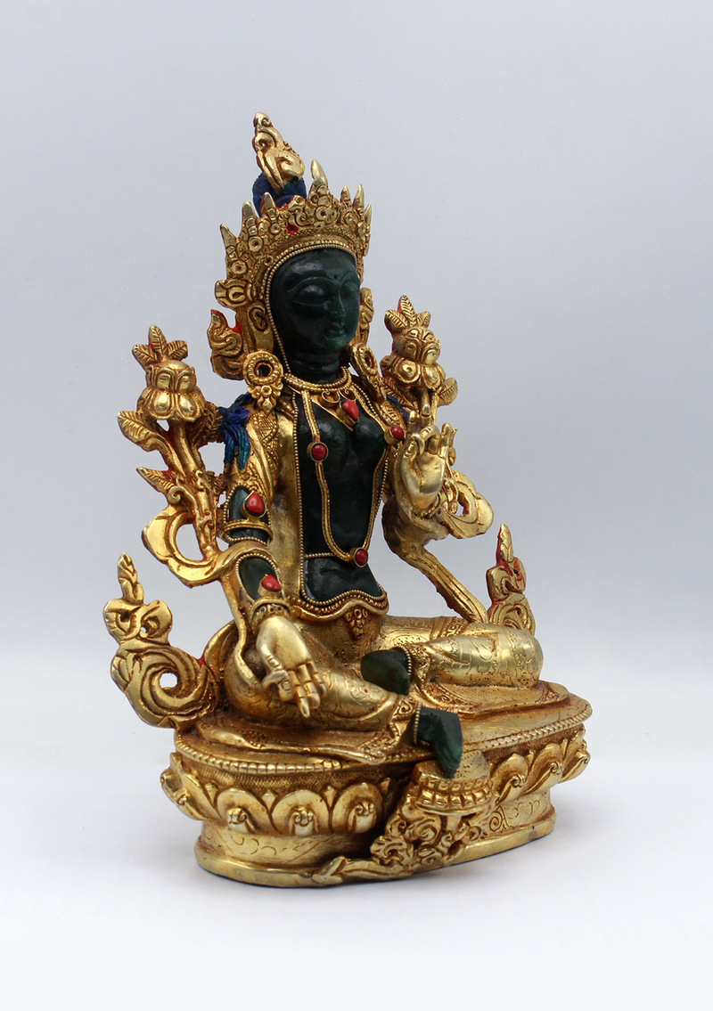 Gold Plated  Green Stone Green Tara Statue 9"H