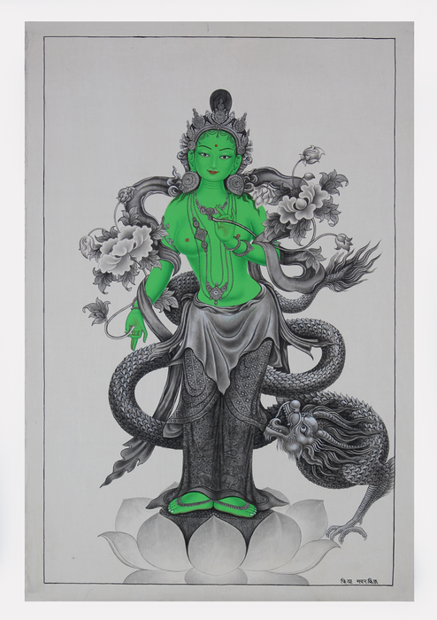 Black and White Standing Tara on the Lotus with dragon  Thangka Painting