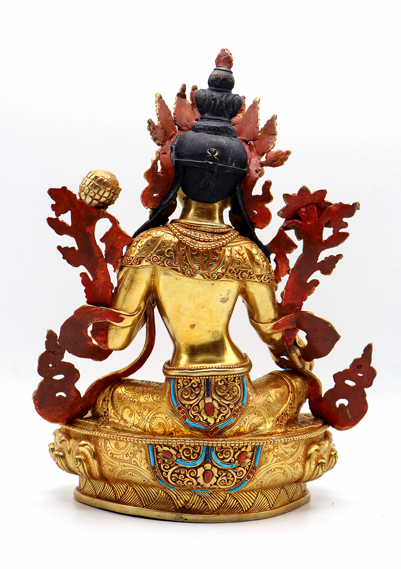 Green Tara 24 K Gold  Stone Inlaid  Copper Statue 12"H