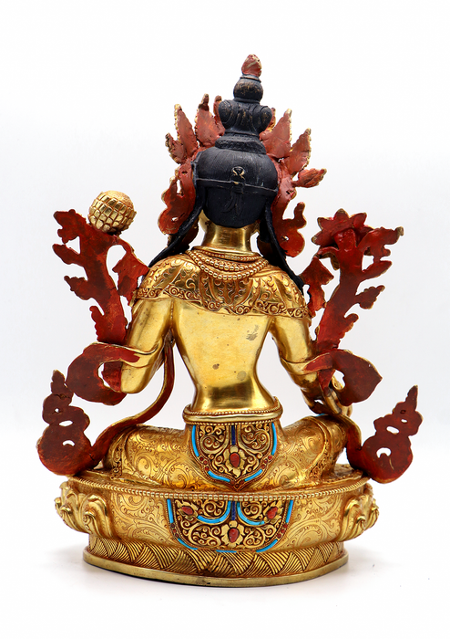 Green Tara 24 K Gold  Stone Inlaid  Copper Statue 12"H