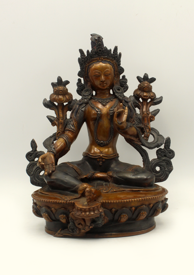 Copper Oxydized  Green Tara Statue 8" H