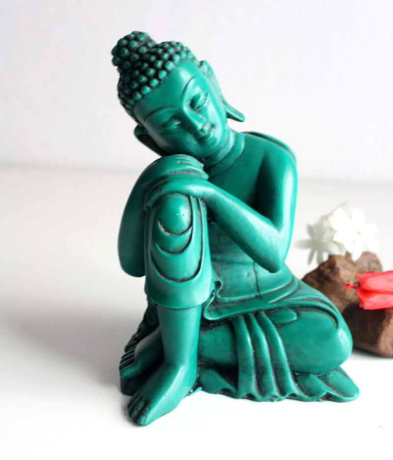 Turquoise Toned Green Resin Statue of Resting Buddha 7.5" High