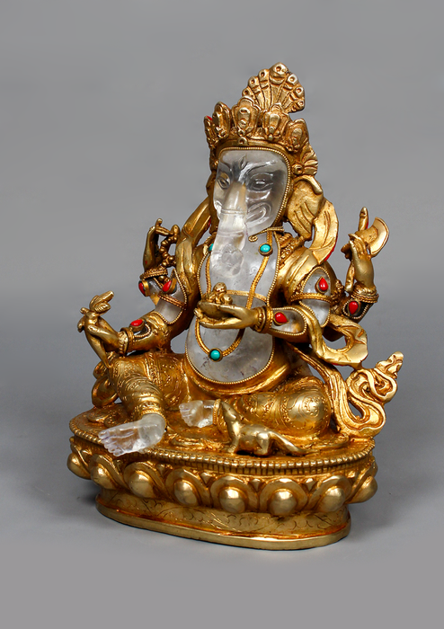 Gold Plated Crystal Ganesh Statue 8"H