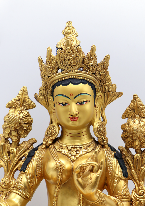 Green Tara Jetsun Dölma Gold Plated Copper Statue 13" H