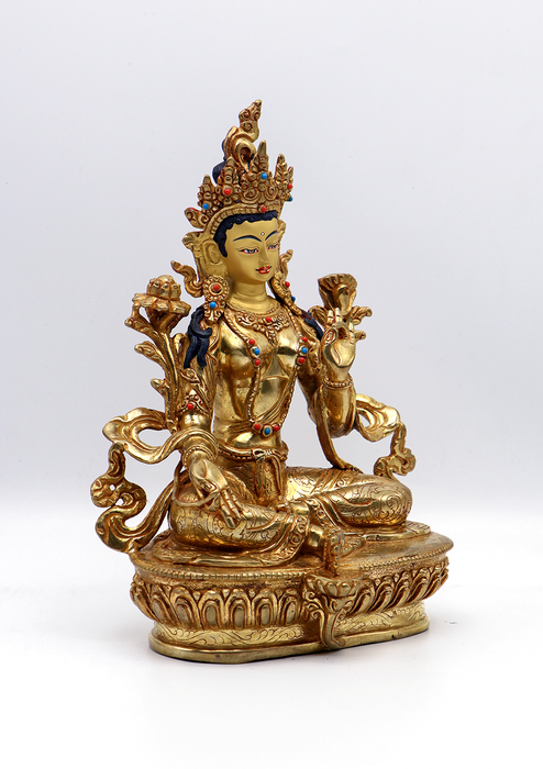 Full Gold Plated Copper Filigree Green Tara Statue 9"H