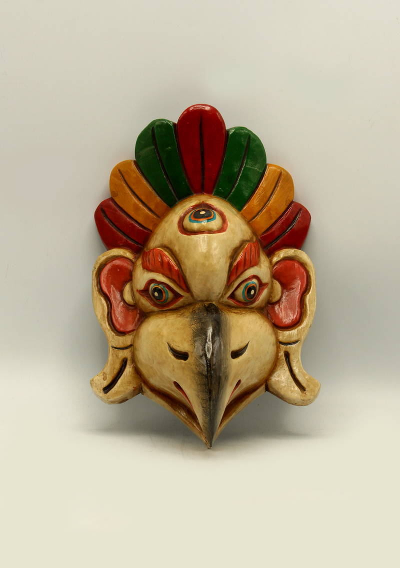 Handcarved and HandPainted Wooden Garud Wall Hanging Mask - White