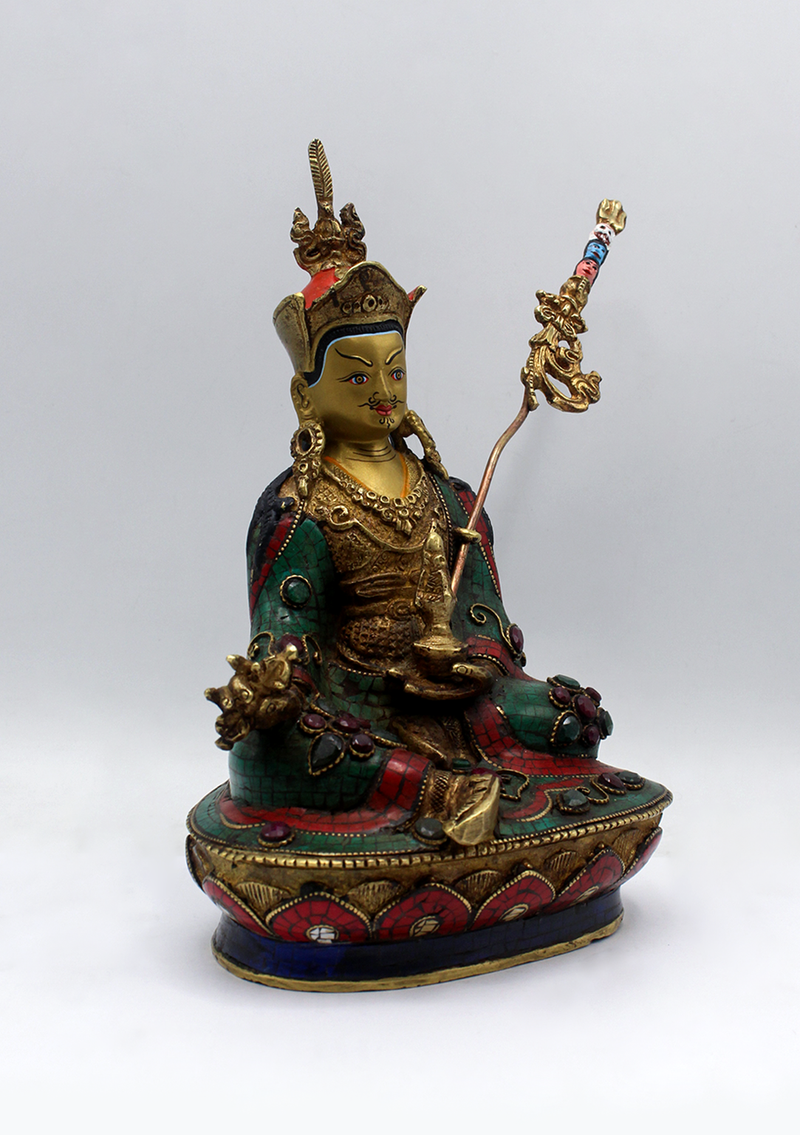 Stone Inlaid Copper Guru Padmasambhava Statue 8.5"H