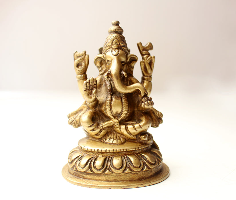 Four Armed Sitting Ganesha Statue, Brass Casted, 4 Inch High