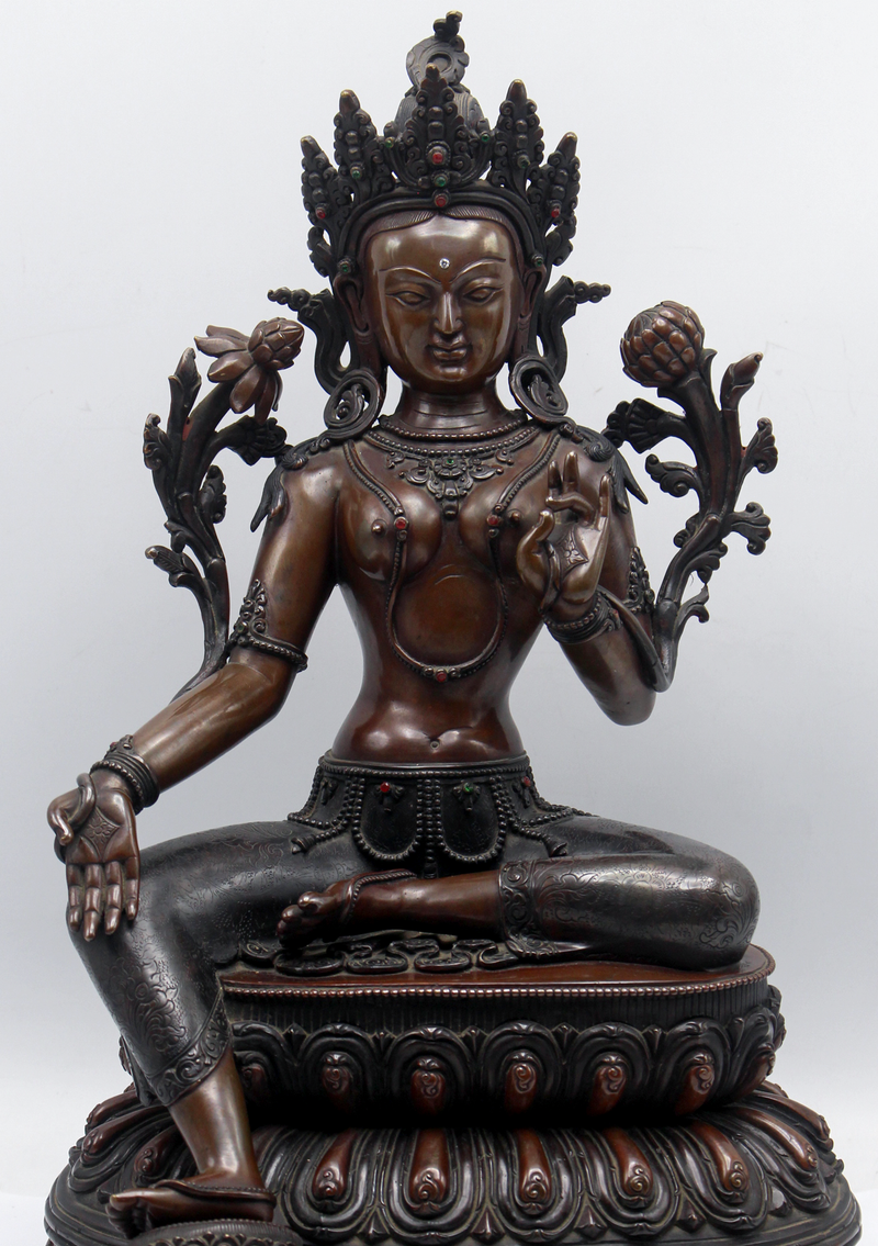 Exquisite Handcrafted Green Tara Statue – 14” | Seated on Double Lotus | Nepalese Masterpiece