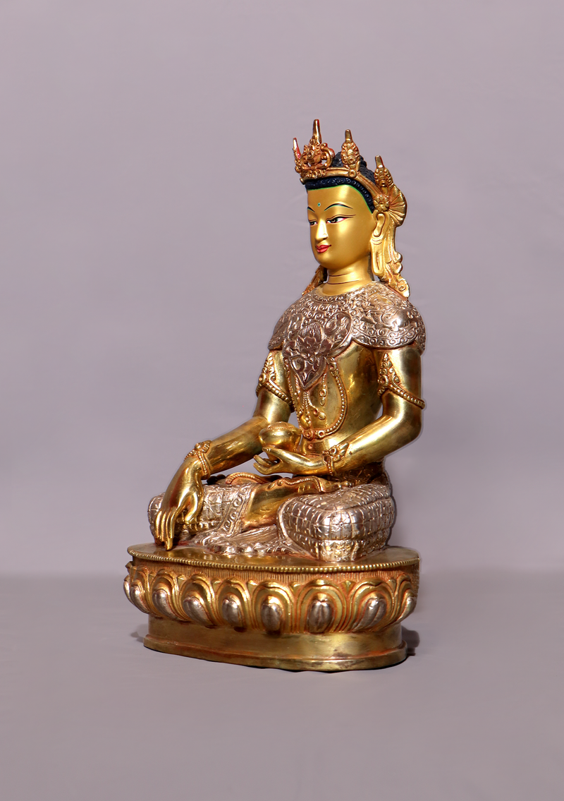 Fully Gold Plated Silver Crown Buddha Statue 10.5"H