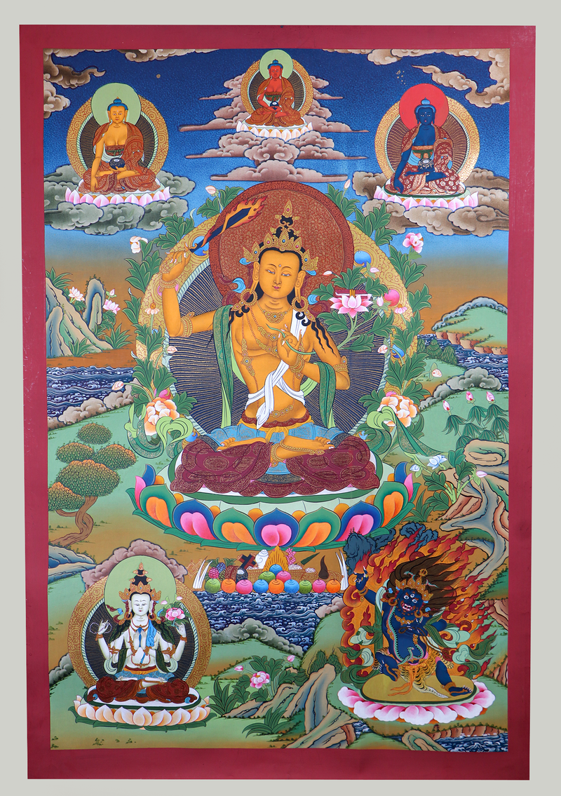 Manjushree and the Five Wisdom Deities Thangka Painting