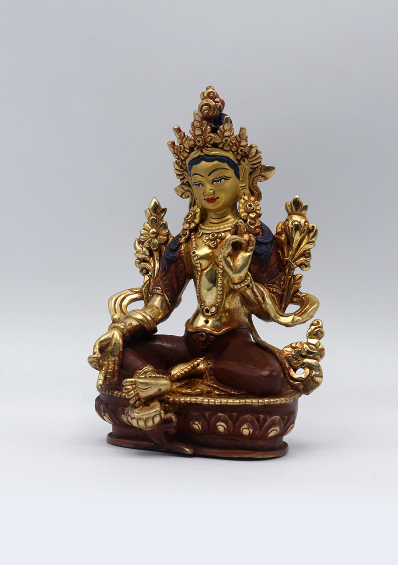 Partly Gold Plated Copper Green Tara Statue 5.5"H