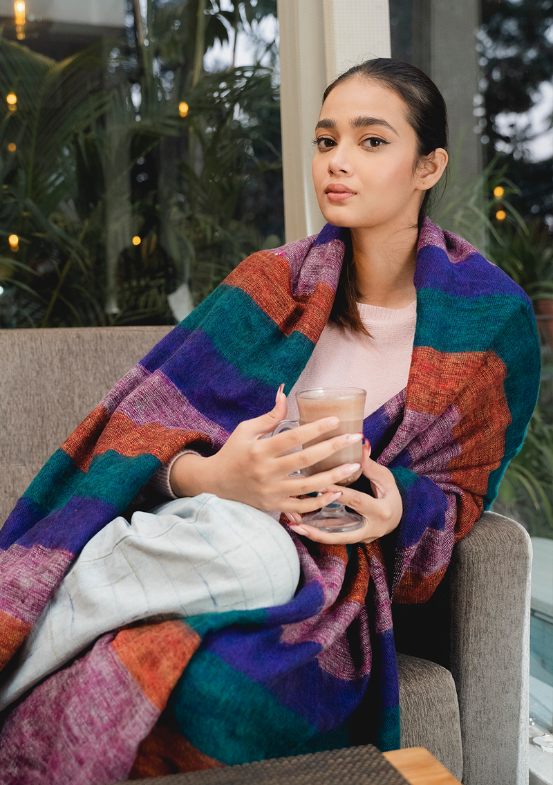 Green Blue Orange   Stripe  Hand-loomed Soft Yak Wool Blanket