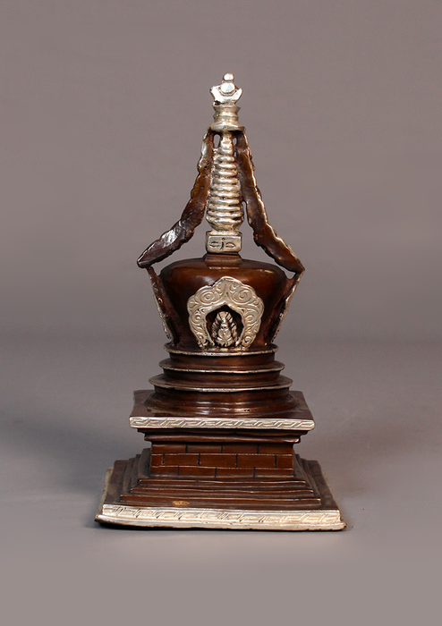 Silver Copper Stupa Chorten 7"H