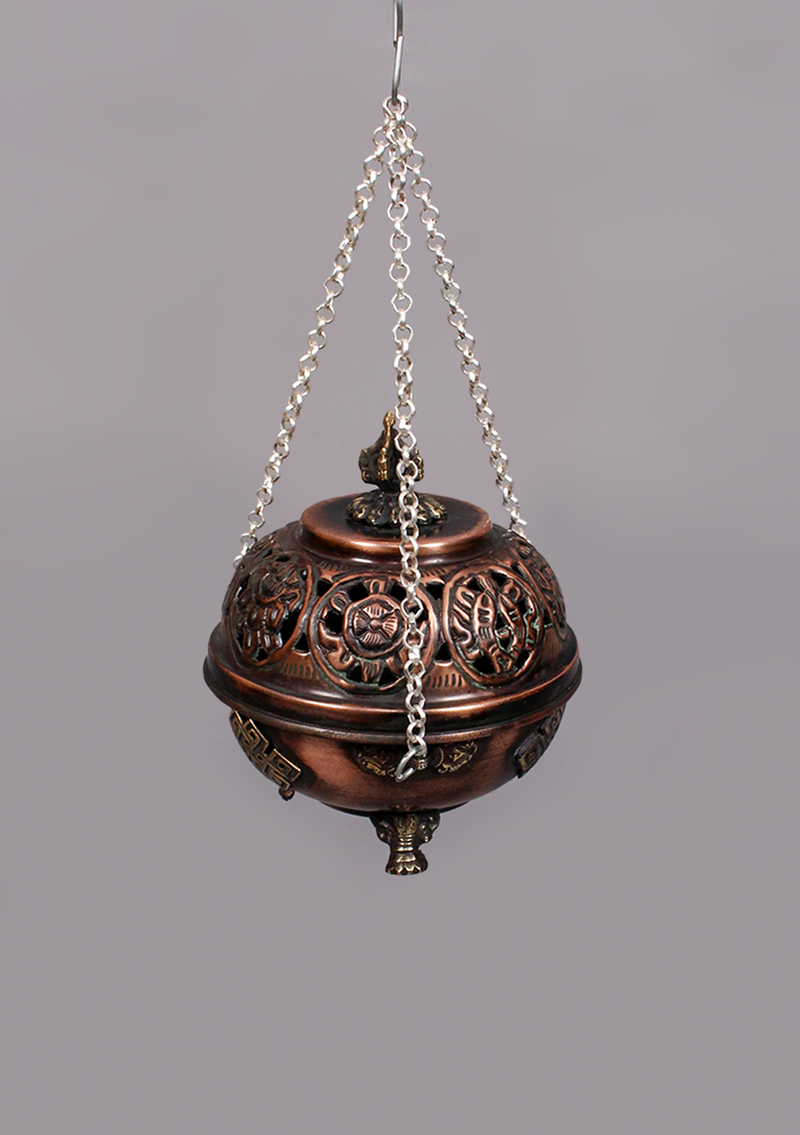 Eight Auspicious Symbol Carved Round Hanging Copper Incense Burner