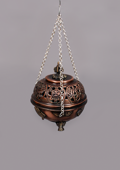 Eight Auspicious Symbol Carved Round Hanging Copper Incense Burner
