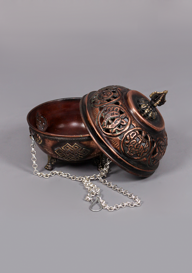 Eight Auspicious Symbol Carved Round Hanging Copper Incense Burner
