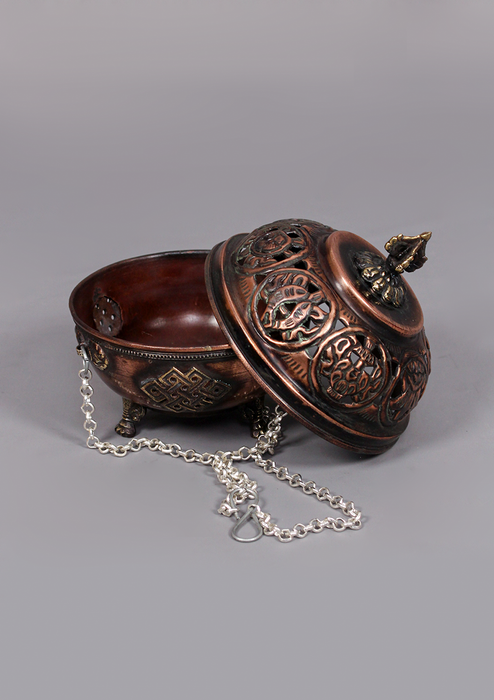 Eight Auspicious Symbol Carved Round Hanging Copper Incense Burner