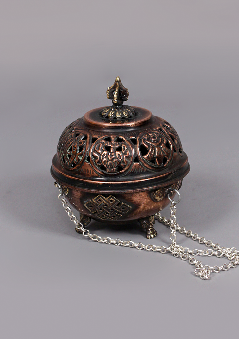 Eight Auspicious Symbol Carved Round Hanging Copper Incense Burner