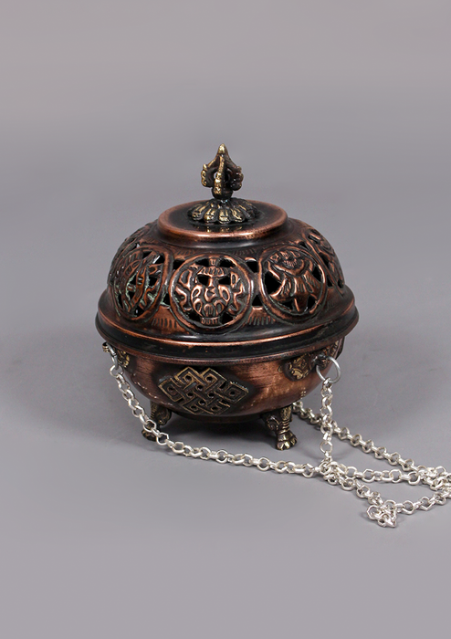 Eight Auspicious Symbol Carved Round Hanging Copper Incense Burner