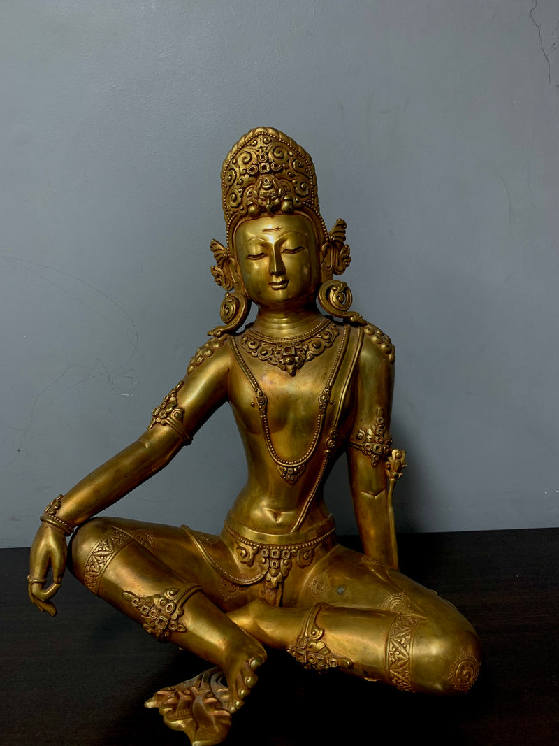Masterpiece 24K Gold Gilded Copper Indra Dev Statue Seated on Wooden Throne 27.5"