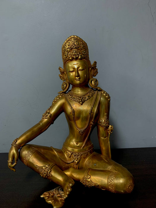 Masterpiece 24K Gold Gilded Copper Indra Dev Statue Seated on Wooden Throne 27.5"