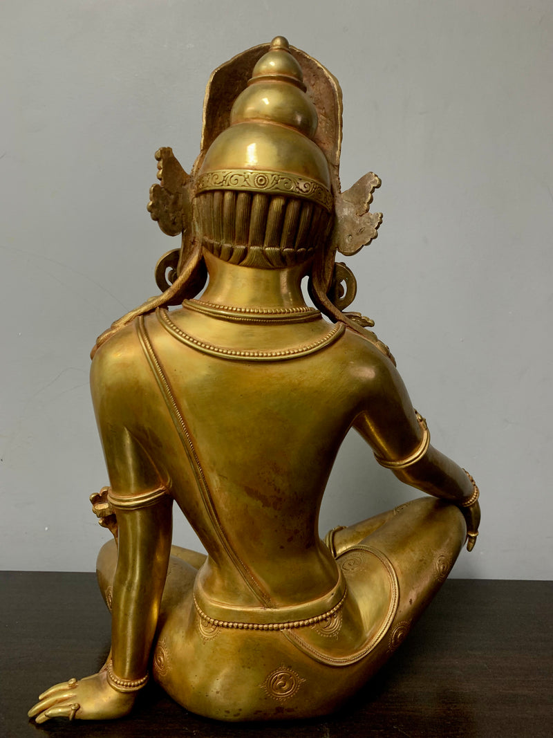 Masterpiece 24K Gold Gilded Copper Indra Dev Statue Seated on Wooden Throne 27.5"