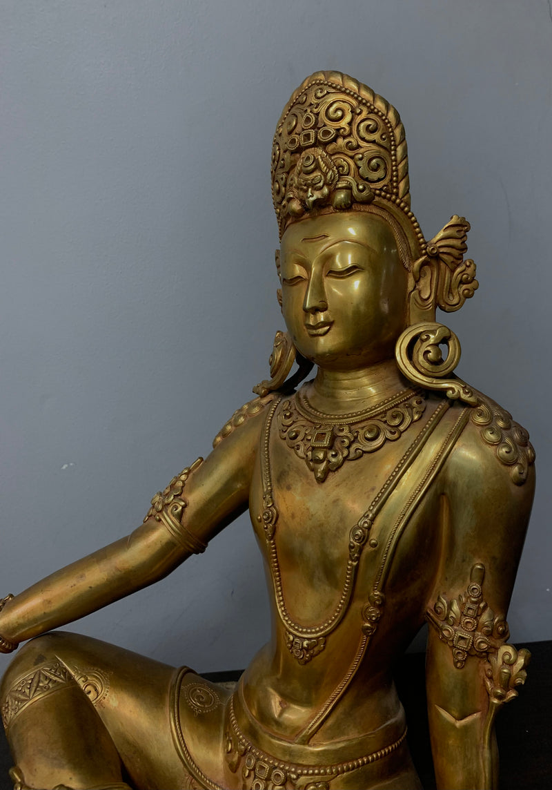 Masterpiece 24K Gold Gilded Copper Indra Dev Statue Seated on Wooden Throne 27.5"