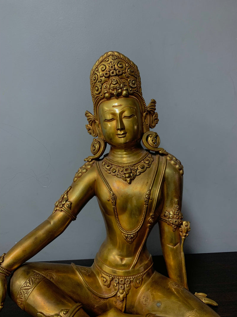Masterpiece 24K Gold Gilded Copper Indra Dev Statue Seated on Wooden Throne 27.5"