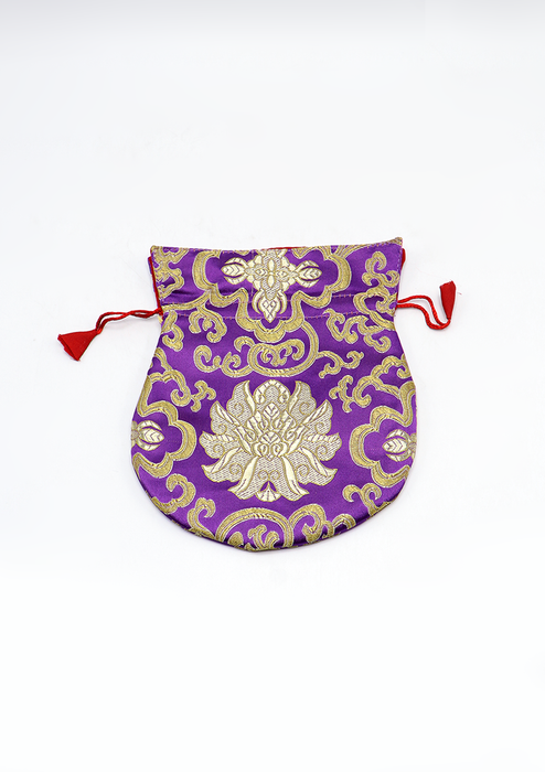 Large Hongkong Silk Drawstring Pouch with Lotus Floral Motifs, Coin Pouch