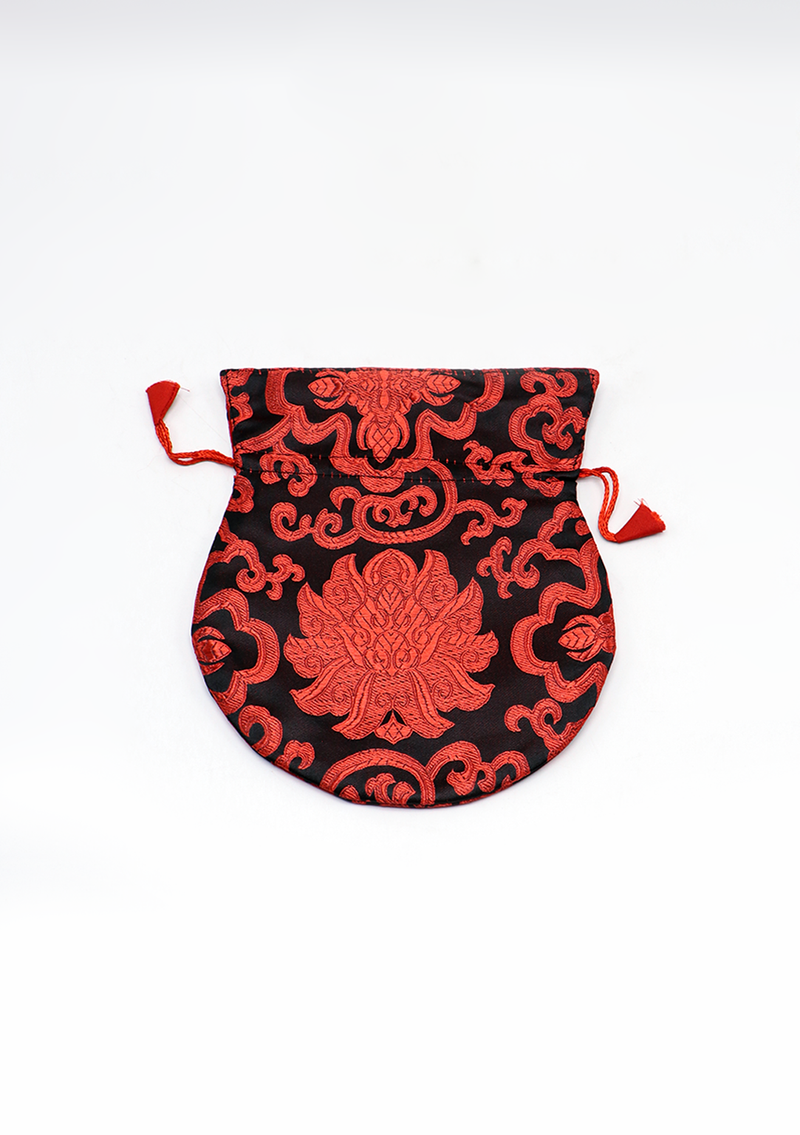 Large Hongkong Silk Drawstring Pouch with Lotus Floral Motifs, Coin Pouch