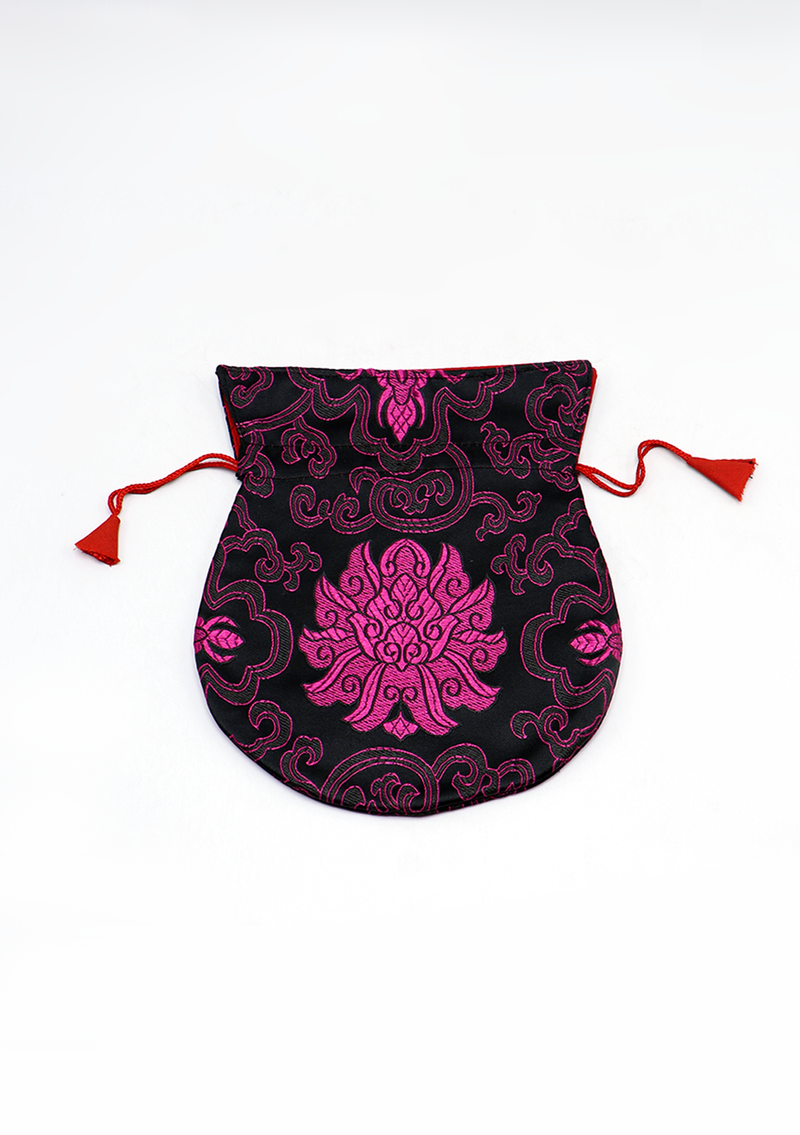 Large Hongkong Silk Drawstring Pouch with Lotus Floral Motifs, Coin Pouch