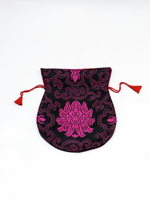 Large Hongkong Silk Drawstring Pouch with Lotus Floral Motifs, Coin Pouch