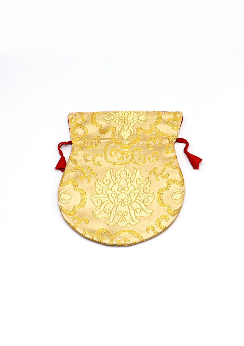 Large Hongkong Silk Drawstring Pouch with Lotus Floral Motifs, Coin Pouch