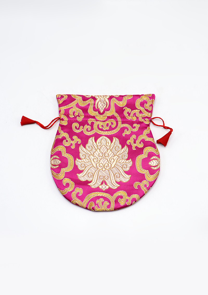 Large Hongkong Silk Drawstring Pouch with Lotus Floral Motifs, Coin Pouch