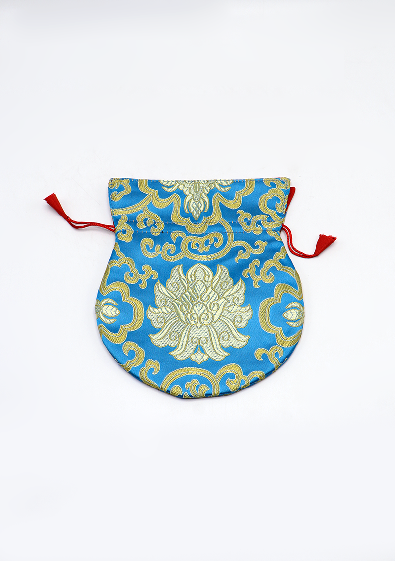 Large Hongkong Silk Drawstring Pouch with Lotus Floral Motifs, Coin Pouch